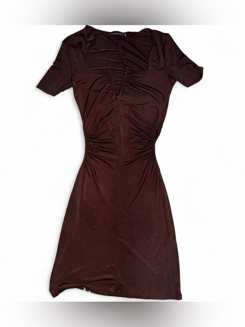 PrettyLittleThing Chocolate Brown Ruched V-Neck Mini Dress